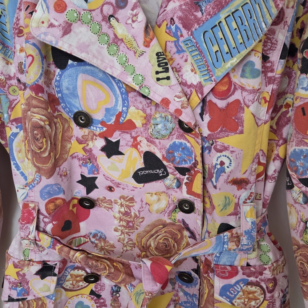 Vintage Fiorucci Angels Pop Art Trench Coat – Y2K Graphic Print – Hearts Roses - Picture 5 of 9